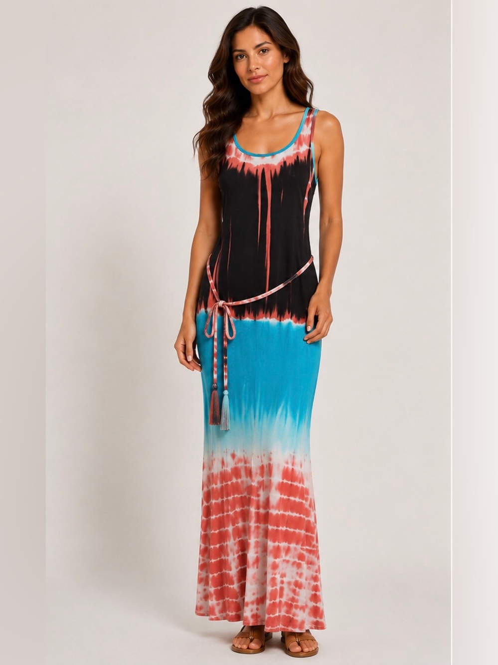 Christina Love Racerback Maxi Dress-Coral/Black/Ocean